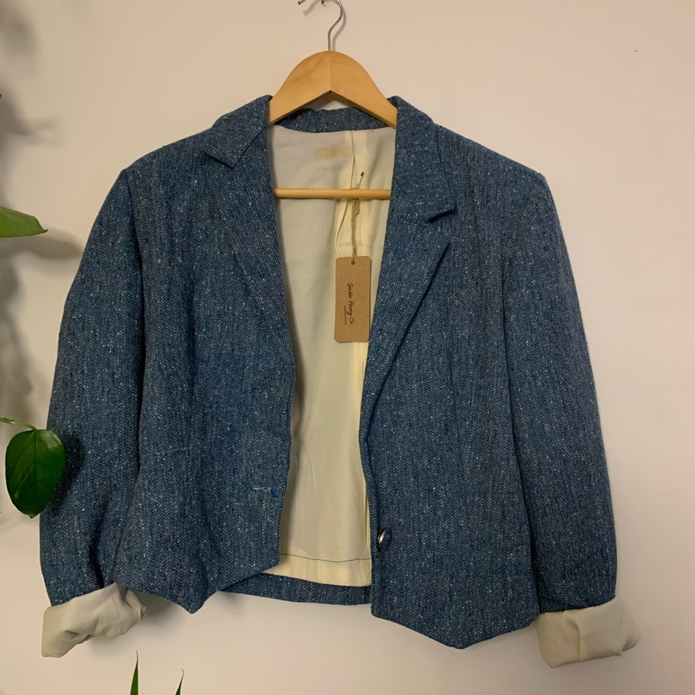 Cropped vintage blue tweed blazer jacket vtg